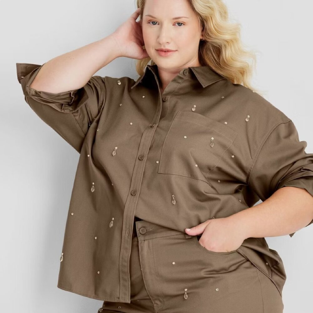 new Size 2X Future Collective Women's Embellished Twill Shacket in Olive color
